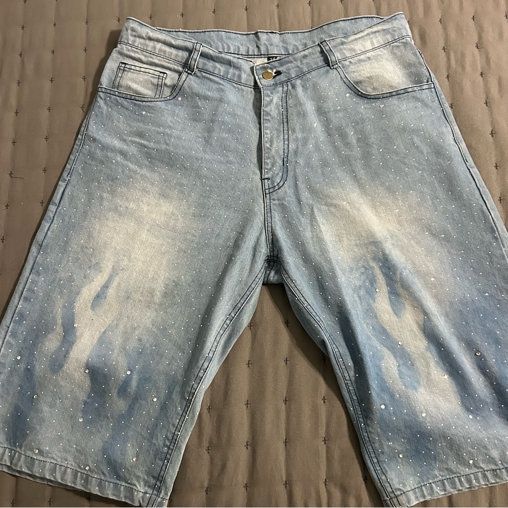 One of a Kind Vintage Washed Rhinestone Flame Fade Denim Jorts with Rhinestone